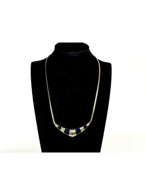Avon Vintage Gold Herringbone Navy Blue Enamel Cleopatra Bib Necklace 1970s